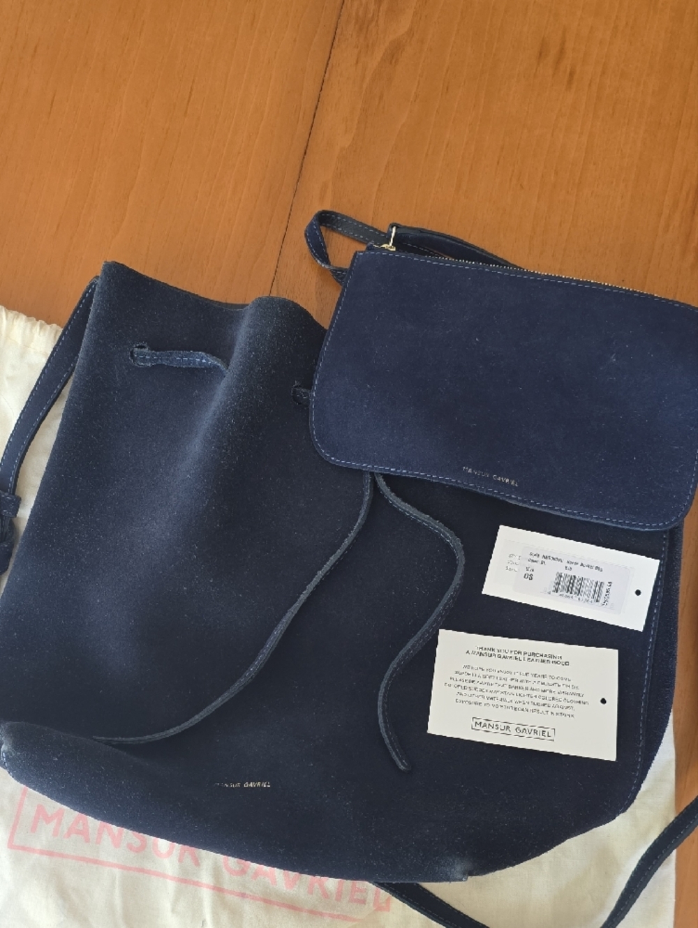 Mansur Gavriel Navy Suede Drawstring Bucket Bag with Pouch - Picture 2 of 10